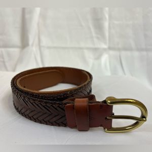 Fossil brown and brass woven 36.5”+leather belt medium. Great condition